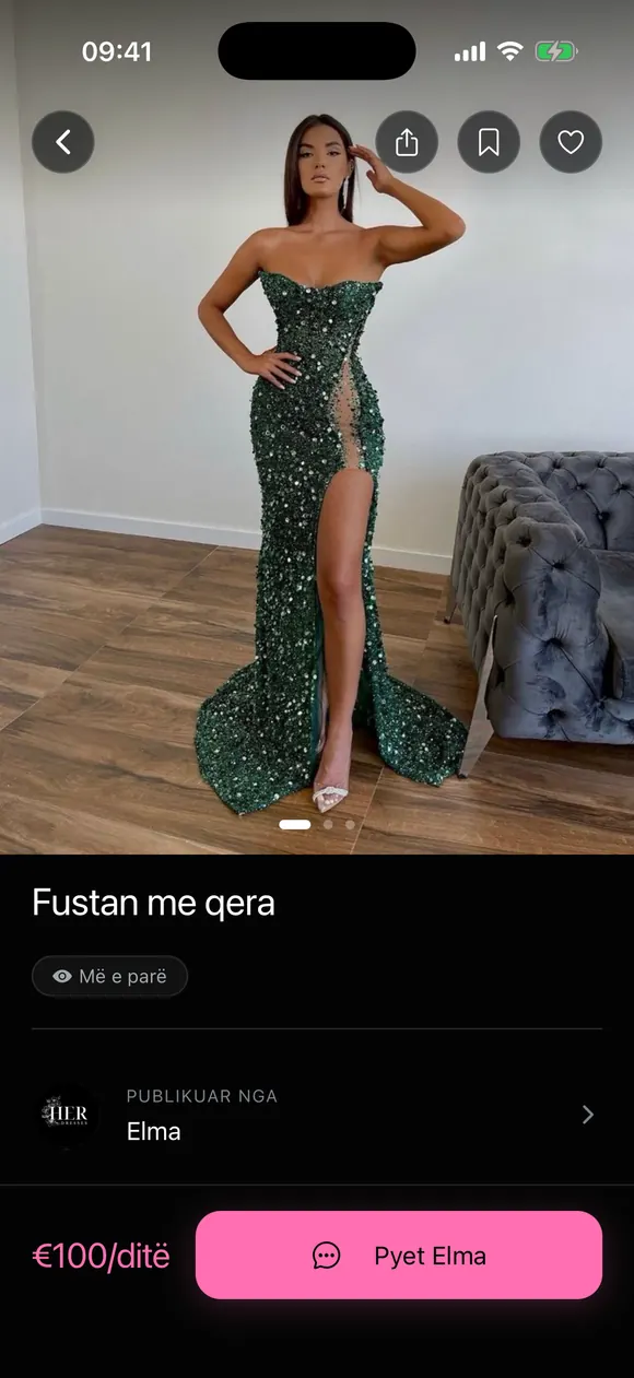 Faqja e një fustani të gjelbër me paljeta në Huazo me butonin për t’i shkruar pronarit